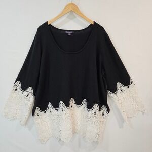 Roamans Lace Trim Knit Tunic Sweater Plus 1X Black Boho Bell Sleeve Going Out